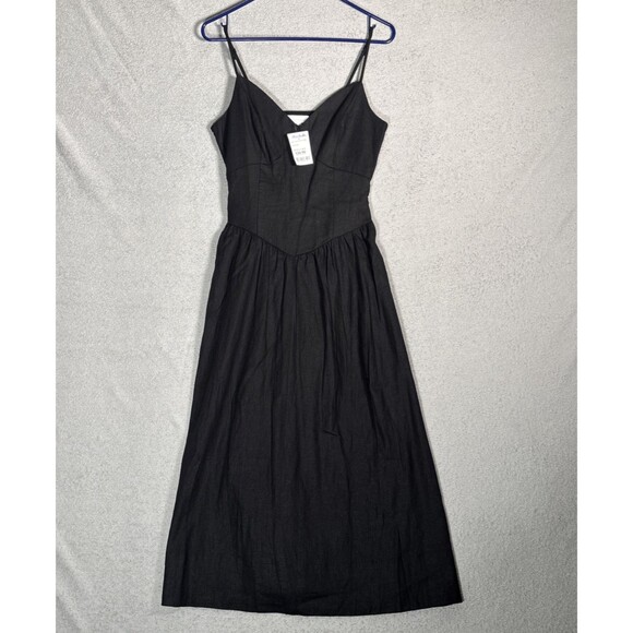 NWT House Of Harlow Sz S Black Midi Dress Linen Blend Sweetheart Bustier Bodice - Picture 1 of 16